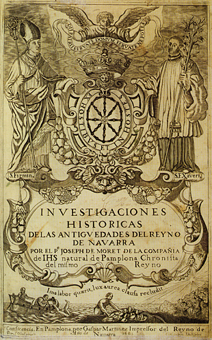 Pedro de Obrel, grabado de portada de las Investigaciones históricas de las Antigüedades del Reyno de Navarra, de José Moret, 1665