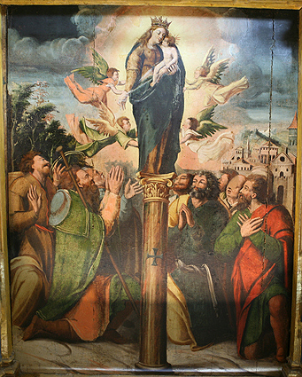 Retablo mayor de la parroquia de Santiago de Intza.  Tabla de la Aparición de la Virgen del Pilar a Santiago y a los convertidos