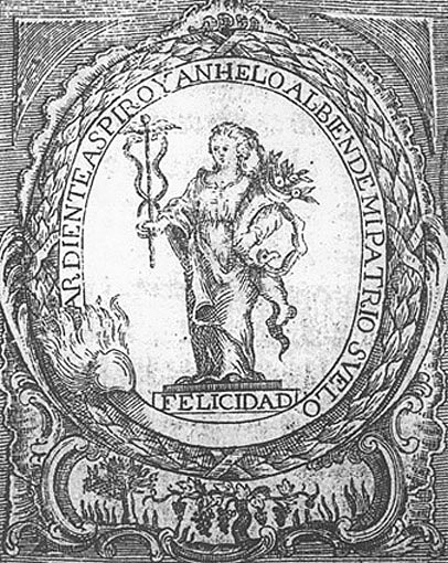 Grabado de la portada de Historia y estatutos de la Sociedad  Tudelana de los Deseosos del Bien Público (1778)