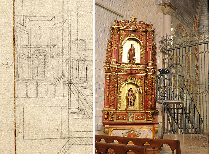 Detalle de la traza con el retablo colateral gótico izquierdo y vista del actual retablo barroco