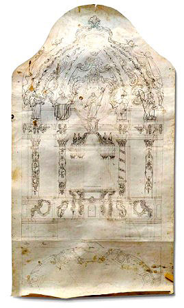 Traza original en pergamino del desaparecido retablo de las clarisas de Tudela, obra de los hermanos del Río