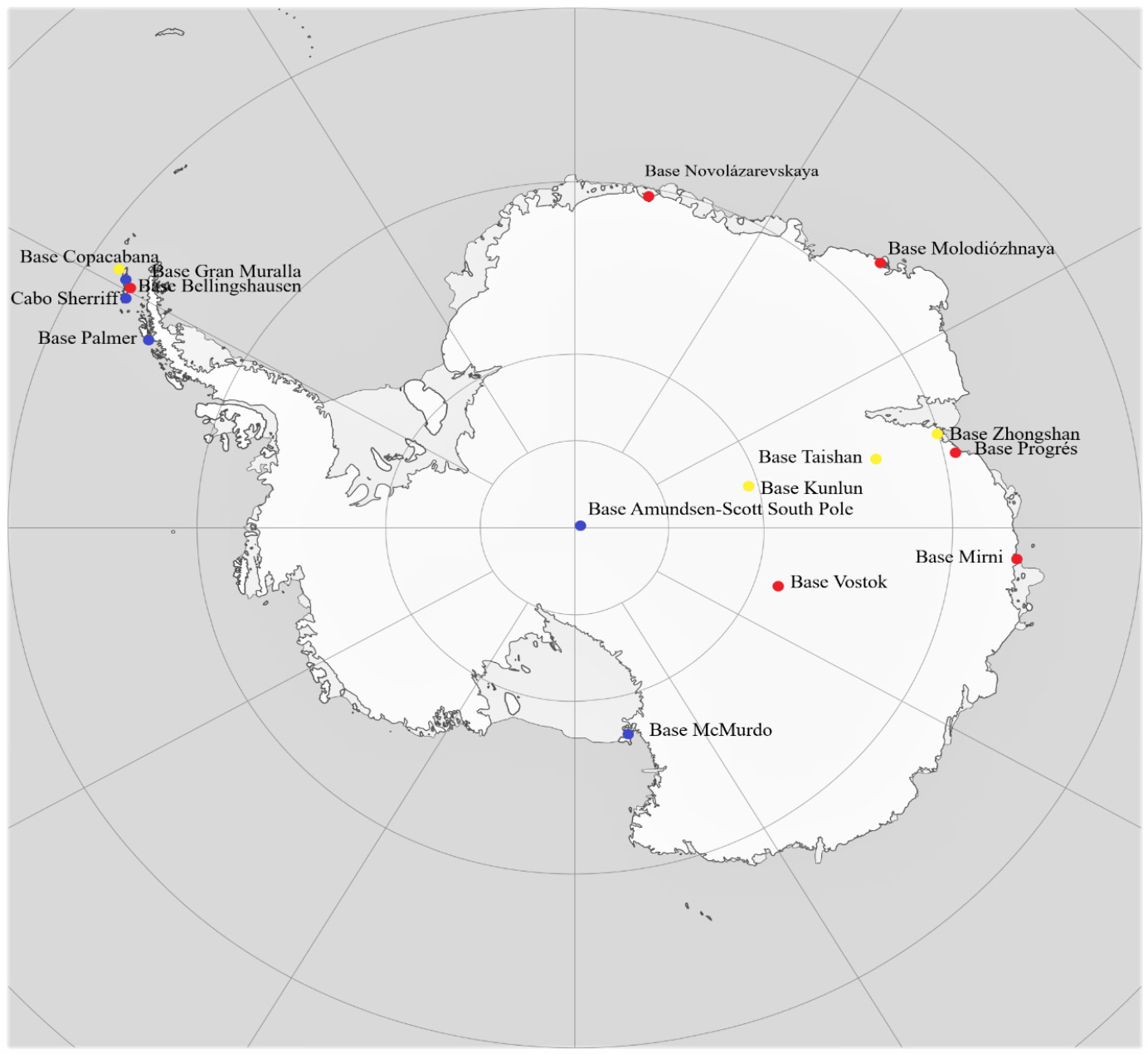Ubicación aproximada de las principales bases antárticas. En azul, las bases de Estados Unidos; en rojo, las de Rusia, y en amarillo, las de China.