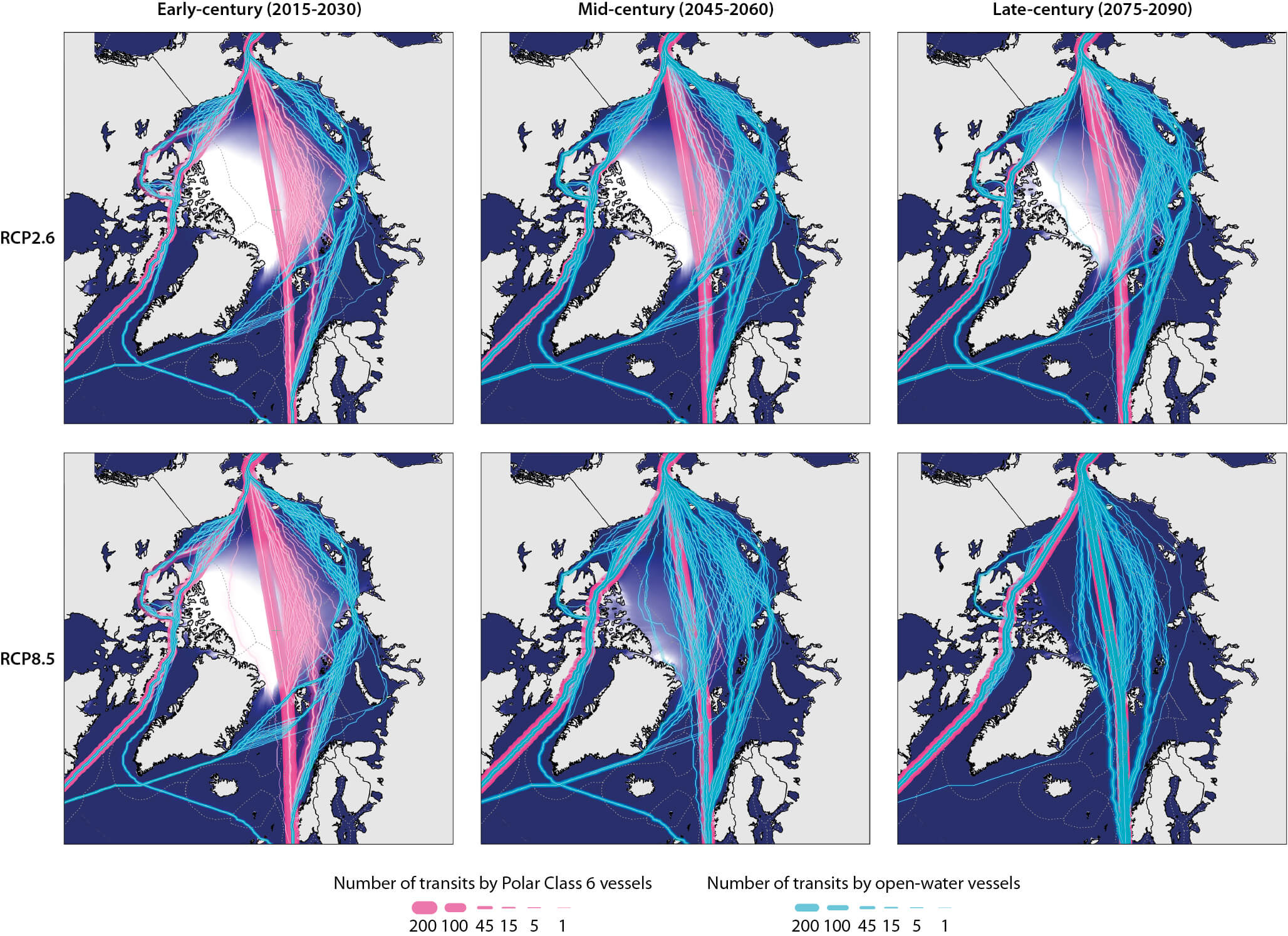 Proyección de rutas a través del Ártico; la fila superior corresponde al deshielo que podría producirse con bajas emisiones, la inferior en el caso de altas emisiones [Arctic Council]