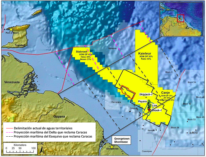 Mapa de los bloques de explotación petrolífera de Guyana (en amarillo), con los trazos de delimitación de aguas territoriales y las reclamaciones de Venezuela