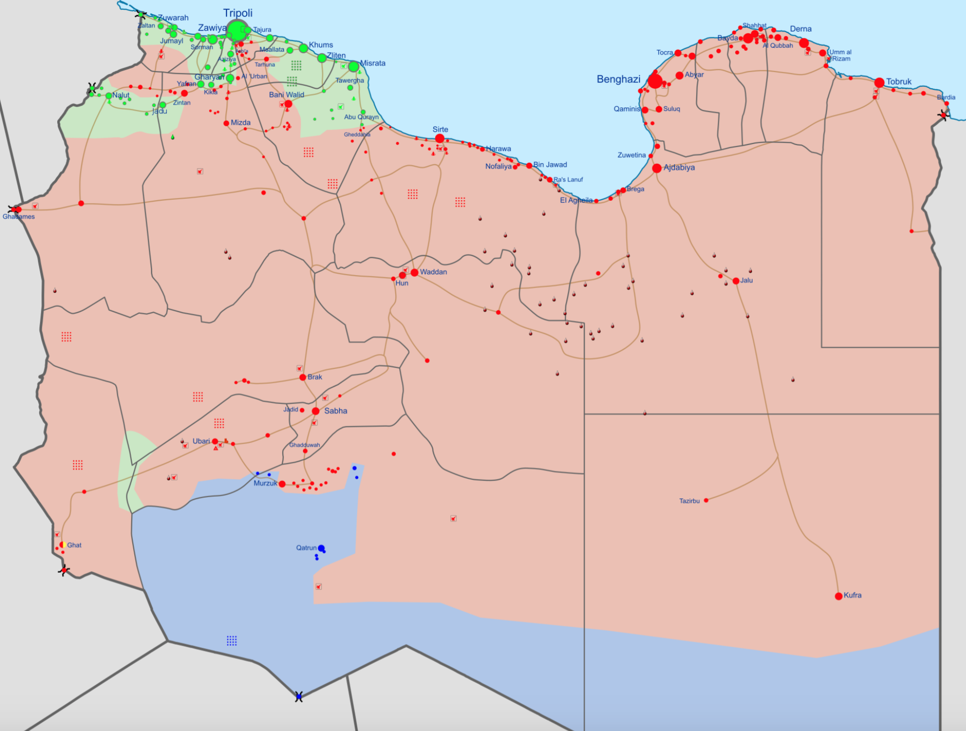 Correlación de fuerzas en la guerra civil libia, en febrero de 2016 [Wikipedia]