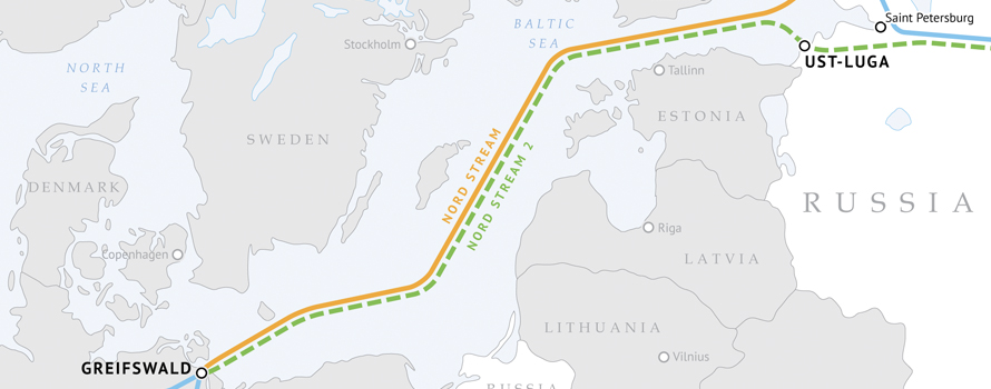 The routes of the Nord Stream and the planned Nord Stream 2 pipelines from Russia to Germany [Gazprom]