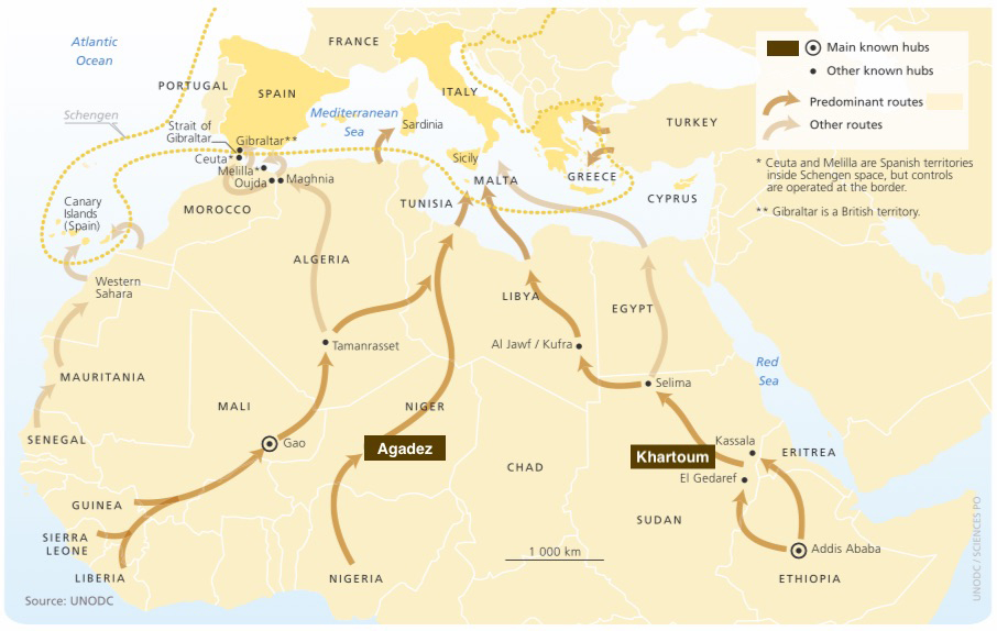 Main routes for African irregular migrants [UNODC, before Sudan's split]