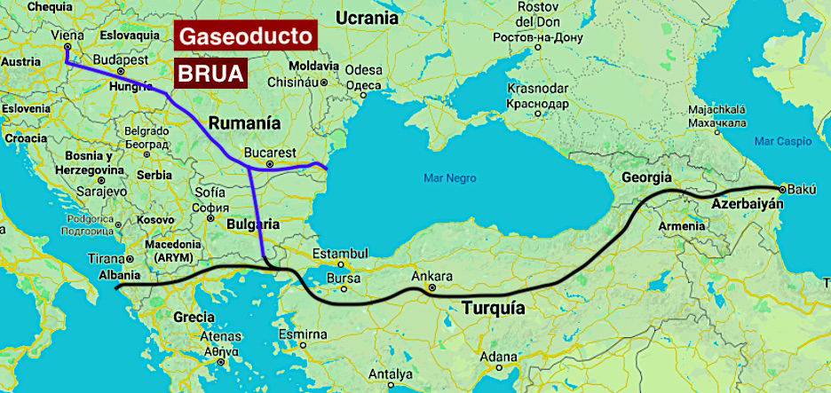 Oleoducto BRUA, marcado en azul, y oleoductos TANAP (Turquía) y TAP (conexión con Grecia), ambos en negro, sobre imagen tomada de Google Maps