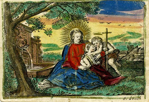 Virgen con el Niño y San Juanito en una vitela iluminada de G. Donck. Colección Particular