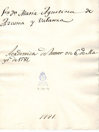 Portada del expediente de nombramiento de académica de honor de María Agustina de Azcona y Balanza 
