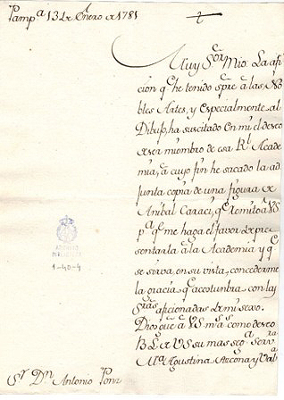 Carta de María Agustina de Azcona dirigida a Antonio Ponz, secretario de la Real Academia de Bellas Artes, solicitando su acceso como académica a la institución 