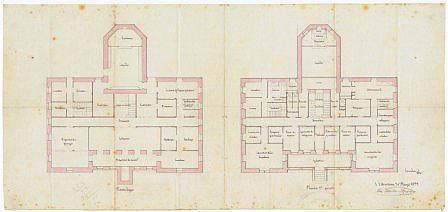 José María Múgica. Proyecto para el Asilo Iriarte de Alcoz (1899).  Planta baja y primera (AGN)