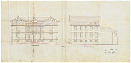 José María Múgica. Proyecto para el Asilo Iriarte de Alcoz (1899).  Fachadas principal y lateral (AGN)