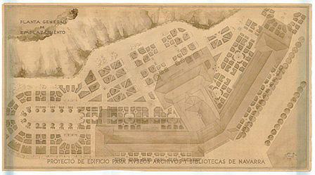 José Yárnoz Larrosa. Proyecto de edificios para museos, archivos y bibliotecas de Navarra.  Planta general de emplazamiento. Archivo General de Navarra.