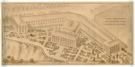   José Yárnoz Larrosa. Proyecto de edificios para museos, archivos y bibliotecas de Navarra.  Vista posterior del edificio y del parque-museo. Archivo General de Navarra.