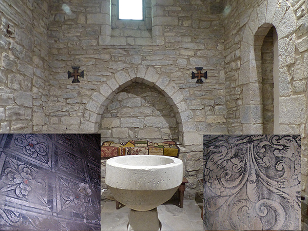 Interior con piedra vista de la parroquia de Ibiricu de Egüés con los casetones y grutescos originales perdidos.