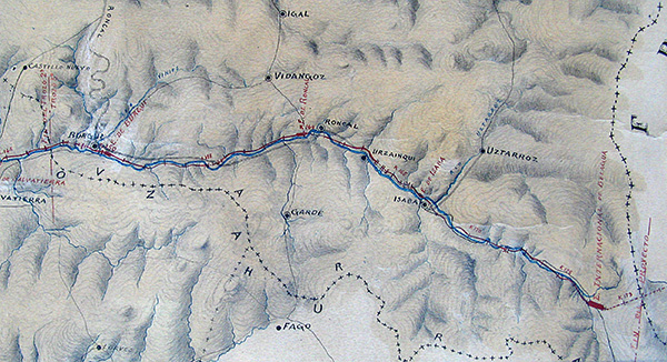 Mapa 36. Detalle del trazado del ferrocarril por el valle de Roncal