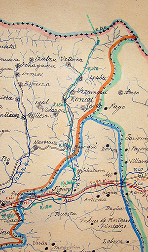 Mapa 46. Detalle del trazado del ferrocarril por el valle de Roncal