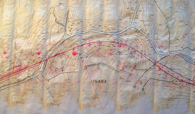 Mapa 60. trazado del ferrocarril por el valle de Roncal, detalle de su paso por Isaba.