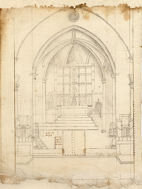 Traza de la capilla mayor y tramo siguiente de la nave de la iglesia de San Saturnino de Artajona, por el pintor Juan Claver, 1606. Archivo General de Navarra.