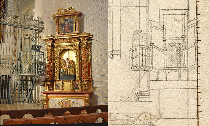 Detalle de la traza con el retablo colateral gótico derecho y vista del actual retablo barroco