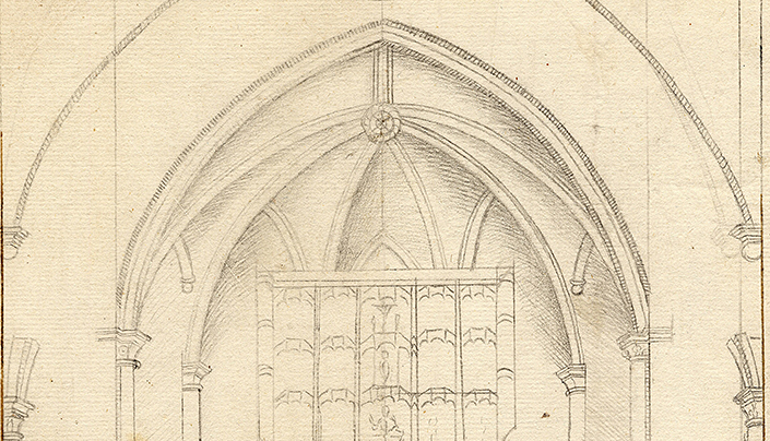 Detalle de la traza de Claver con la bóveda de la capilla mayor.
