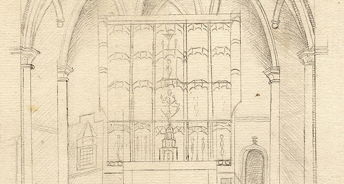 Detalle de la traza de Claver con el retablo mayor.