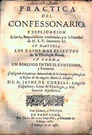 Portada de la primera edición de la “Practica del Confesonario” de Jaime de Corella. Pamplona, 1686.