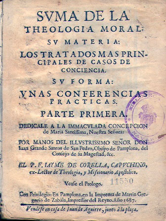 Portada de la primera edición de la “Suma de la Teología Moral” de Jaime de Corella. Pamplona, 1687.