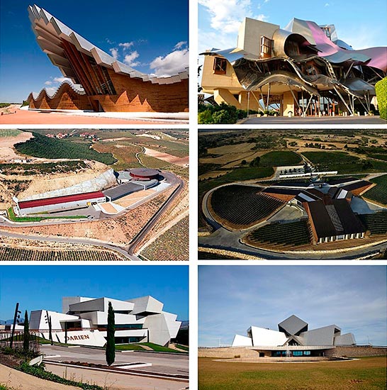 Bodegas españolas: Laguardia (Santiago Calatrava), Elciego (Frank O. Gehry), Logroño-Laguardia (Philippe Mazières), Gumiel de Izán (Norman Foster), Logroño y Barbastro (Jesús Marino Pascual)