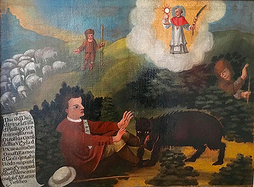 Exvoto de don Ramón de Goñi acosado por un oso y pidiendo la protección de san Ramón Nonato