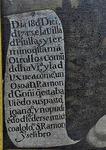 Inscripción del exvoto de don Ramón de Goñi acosado por un oso y pidiendo la protección de san Ramón Nonato