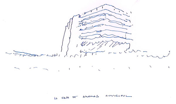 Dibujo del edificio de la antigua Caja de Ahorros Municipal de Pamplona de Xavier Sánchez de Muniáin y Roberto Urtasun