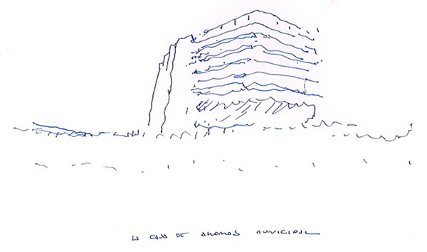 Dibujo del edificio de la antigua Caja de Ahorros Municipal de Pamplona de Xavier Sánchez de Muniáin y Roberto Urtasun