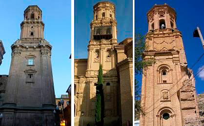 Torres de la Catedral de Tudela y de las parroquias de Villafranca y Peralta