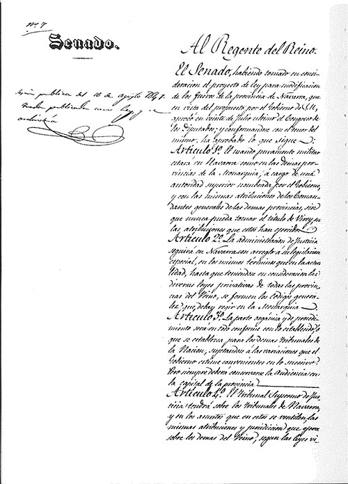 Reproducción facsímil de la Ley Paccionada publicada por el Ministerio de Justicia en Ley Paccionada de Navarra de 1841.