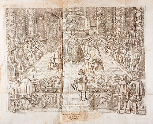 Grabado del alzamiento del rey de 1686. AGN, BIBLIOTECA, FBA 49.