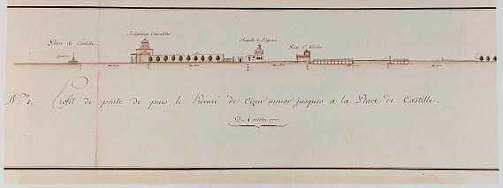 François Gency. Viaje de las aguas. Se aprecian el Portal de San Nicolás, la Basílica de San Ignacio, el Convento de Carmelitas Descalzas y la Plaza del Castillo. 04-10-1777.