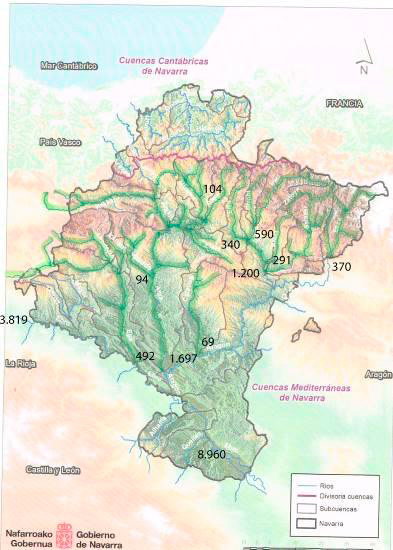 Ríos de Navarra con aportaciones naturales en hm3.