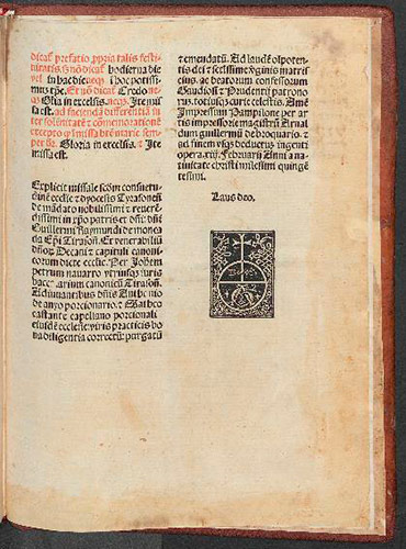Missale Tirasonensis (p. 656). Explicit y marca de impresor de Brocar (Biblioteca Foral de Bizkaia. Servicio de Reprografía).