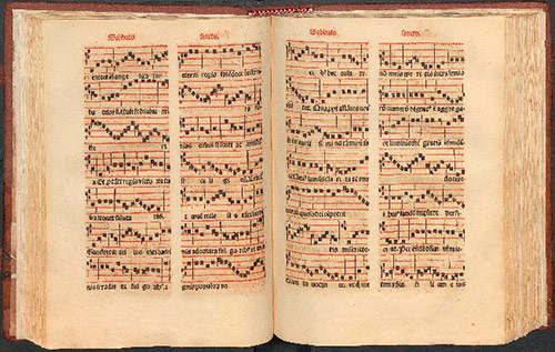 Missale Tirasonensis (pp. 197-198). Liturgia del Sábado Santo con notación cuadrada sobre pentagrama (Biblioteca Foral de Bizkaia. Servicio de Reprografía) 
