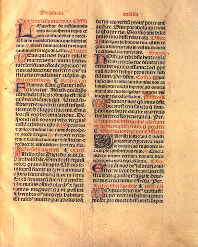 Missale Pampilonensis (p. 627). Iniciales manuscritas –de dos y tres líneas– e impresa –tres líneas– en el ejemplar en vitela (Biblioteca Navarra Digital).