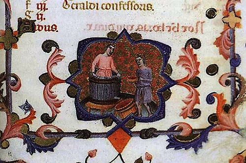 Representación del mes de octubre, con el pisado de las uvas, en el Libro de Horas de María de Navarra.