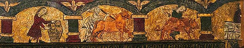 Frontal de Arteta y detalles del mismo. Las representaciones de los meses se sitúan en la parte superior del frontal.