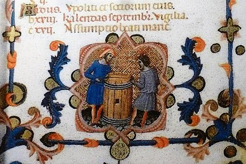 Representación del mes de agosto, con la preparación de toneles, en el Libro de Horas de María de Navarra.