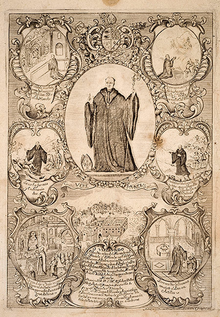 Grabado con escenas de la vida de san Veremundo por el carmelita fray José de San Juan de la Cruz, 1746.