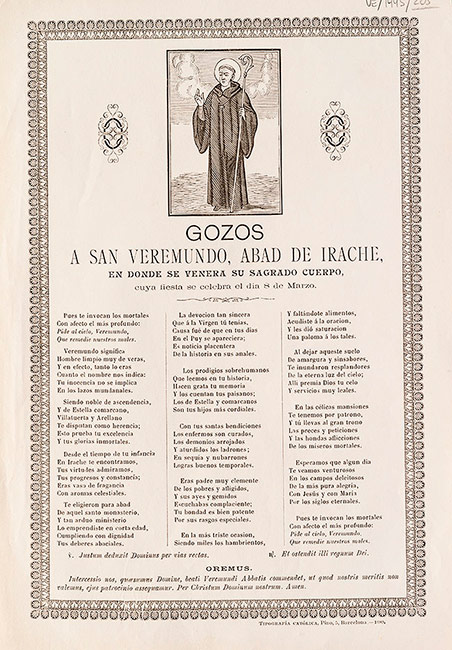 Gozos a san Veremundo, Barcelona, Tipografía Católica, 1889. Foto: Biblioteca Nacional.