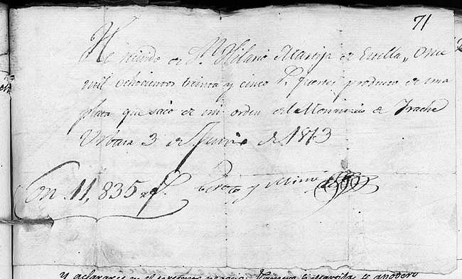 Recibo a favor de Hilario Martija, rubricado por Espoz y Mina, por el producto de la venta de la urna de san Veremundo y otras piezas de plata del monasterio de Irache, en junio de 1813. Archivo Real y General de Navarra.