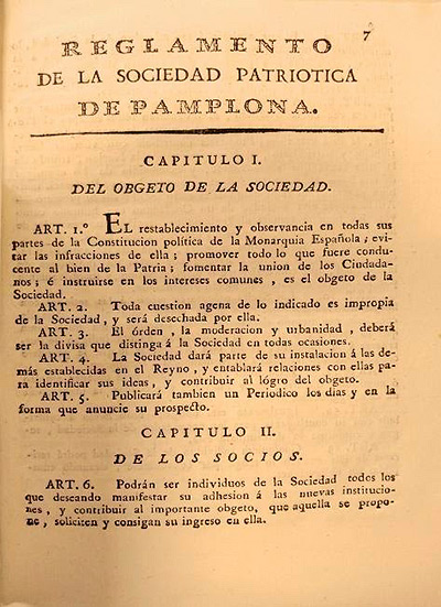 Reglamento de la Sociedad Patriótica de Pamplona […]. Pamplona, Xavier Gadea, 1820. Biblioteca de Navarra.