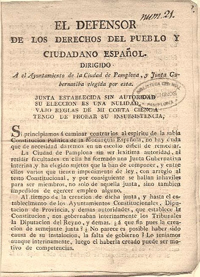 El Defensor de los Derechos del Pueblo […]. Pamplona, Ramón Domingo, 1820. Pamplona. Biblioteca Central de Capuchinos.